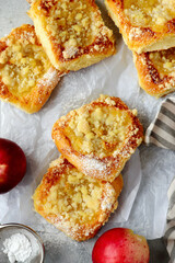 Polish sweet yeast Butter buns with apples and streusel sprinkled with powdered sugar.style hugge .top veiw