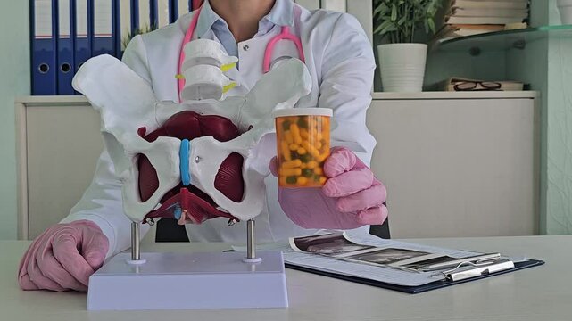 Model of female pelvis with pills in hands of gynecologist