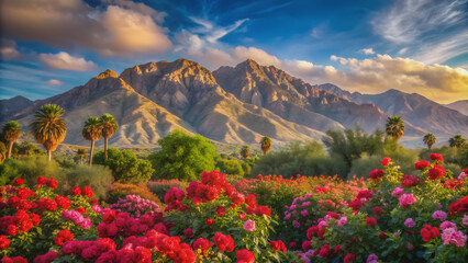 Beautiful desert mountains towering over vibrant rose bushes, desert, mountains, roses, beauty, landscape, nature, scenery, flora