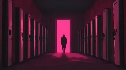 A solitary figure stands in a hallway illuminated by a vivid pink light, creating a dramatic and mysterious atmosphere.