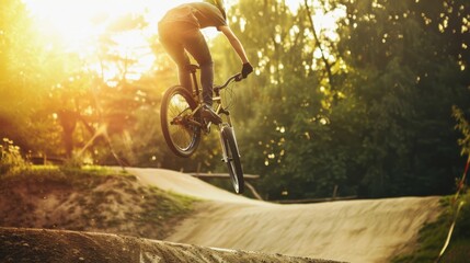Naklejka premium A biker performs an impressive jump in a sunlit forest, capturing the thrill of adventure against a golden sunset backdrop.