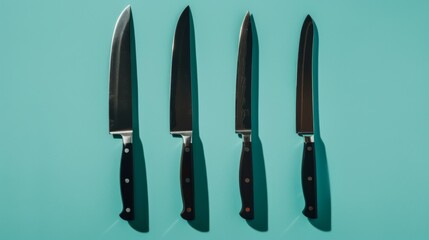Four sleek, sharp kitchen knives arranged vertically on a bright turquoise background, creating a striking visual contrast and emphasis on precision.