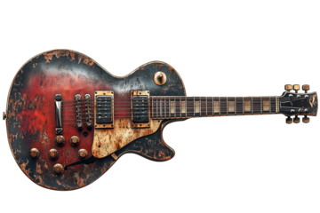 A beautifully aged electric guitar featuring a vintage, distressed body.