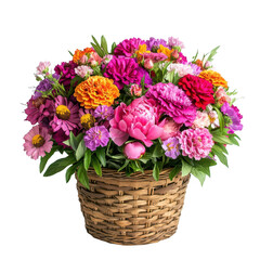 Obraz premium A vibrant bouquet of assorted flowers in a woven basket, ideal for decoration or gifting.