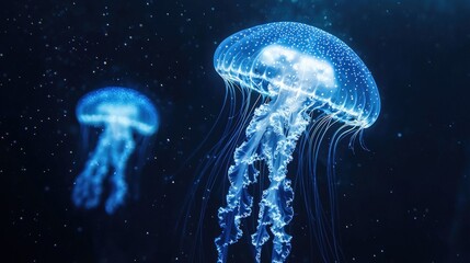 Bioluminescent Jellyfish in Dark Blue Water.