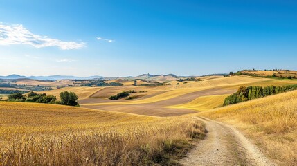 Quiet countryside landscape with rolling hills, golden fields, and a clear blue sky