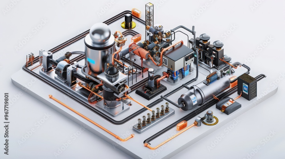 Poster cross-section of a robot's power supply system, depicting how it manages energy distribution and sto