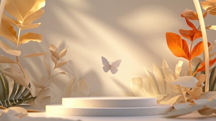 Round stage platform with artistic paper leaves and 3D butterfly in illuminated by soft sunset light for nature product showcases
