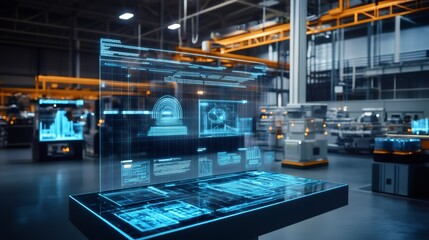 Naklejka premium A futuristic factory with a digital interface on a table.