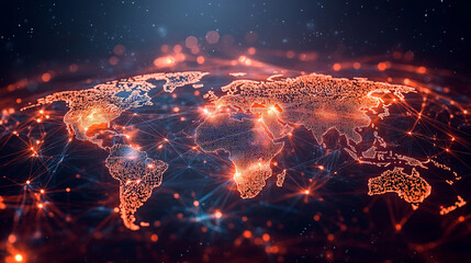 Global network visualization showcasing interconnected regions illuminated in vibrant orange lines against a dark backdrop of the night sky