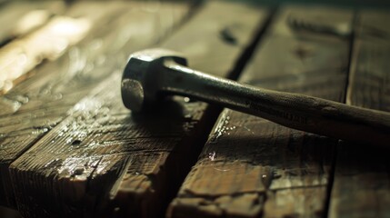 Close-up of a hammer lying across a wooden plank, glistening with water droplets, capturing the essence of craftsmanship and hard work.