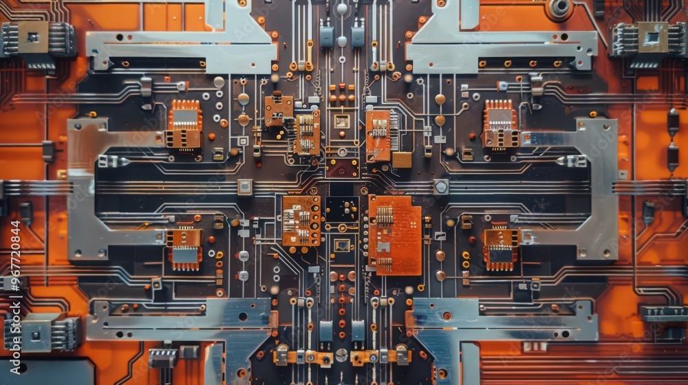 Poster cross-section of a transistor circuit, showing the npn or pnp transistor configuration and its role 