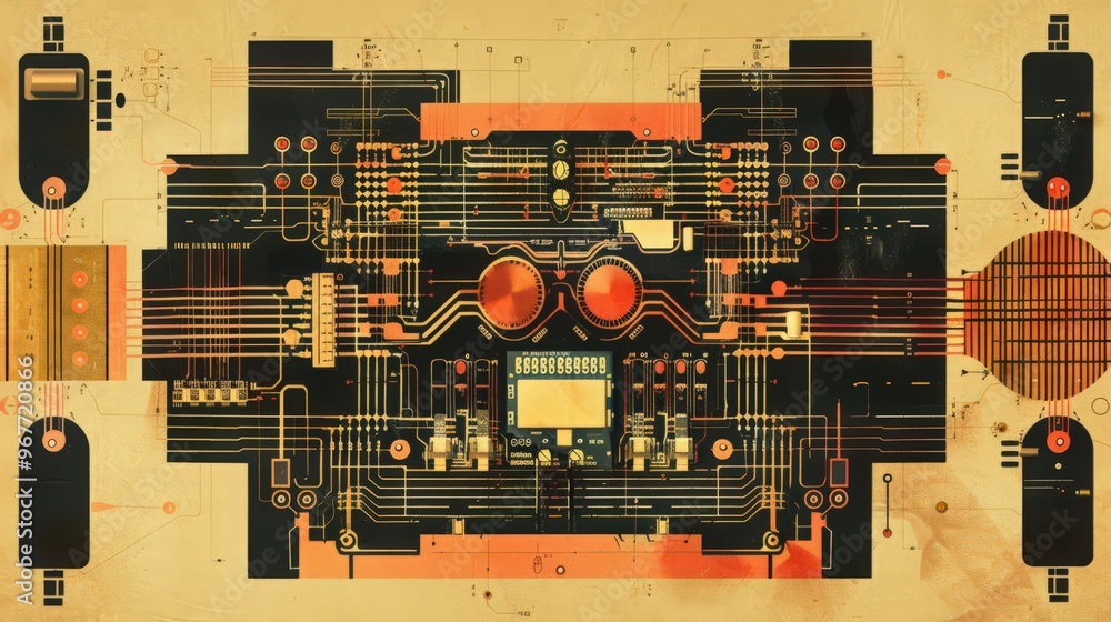 Poster cross-section of a transistor circuit, showing the npn or pnp transistor configuration and its role 