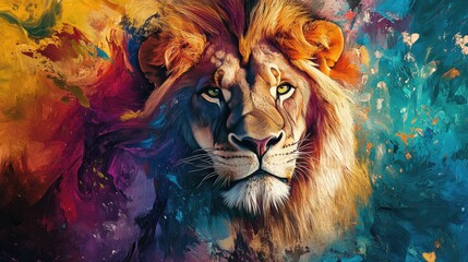 A beautifully detailed, high-quality painting of a majestic lion in a vibrant, abstract style, capturing both realism and artistic creativity.