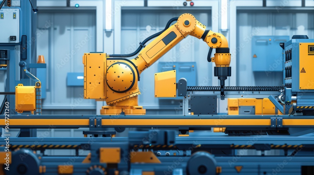 Poster cross-section of an industrial robot with a conveyor system, showing how it integrates with manufact