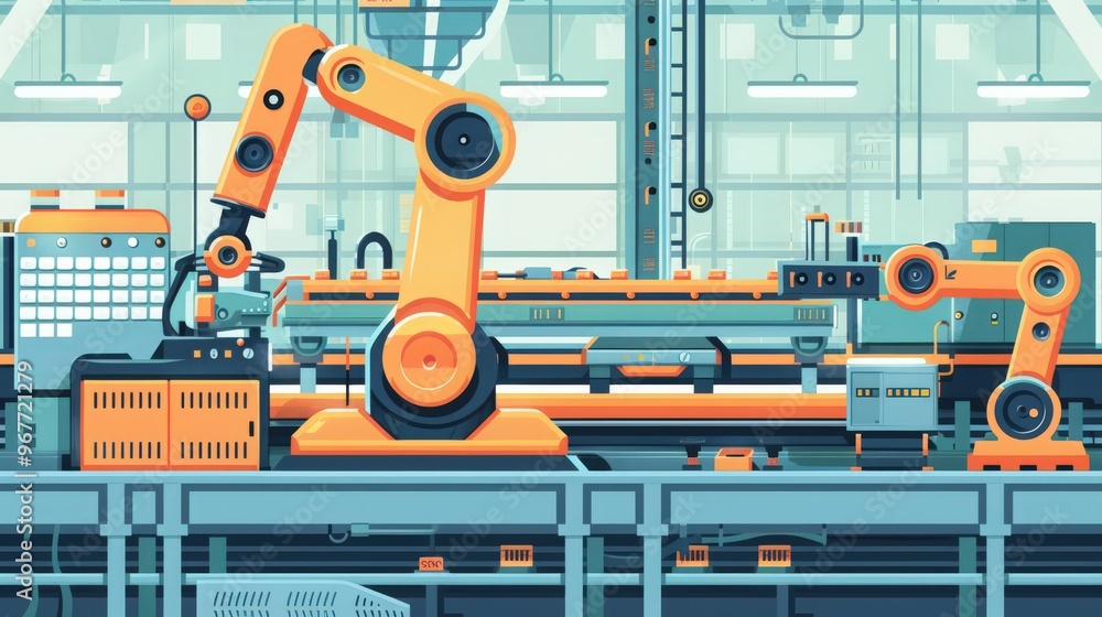 Poster cross-section of an industrial robot with a conveyor system, showing how it integrates with manufact