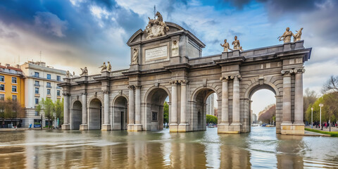 Naklejka premium Southwest view of Puerta de Alcal? in Madrid flooded by rising water levels, Madrid, Puerta de Alcal?