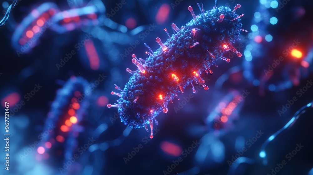 Poster a hyper-realistic close-up of a microorganism with nanobots attached, both glowing in harmony as the