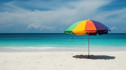 serene beach view with an umbrella on the sand, capturing the essence of summer relaxation and outdoor enjoyment by the ocean