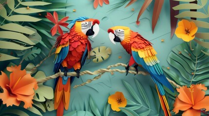 Fototapeta premium A vibrant and intricate paper art scene features two colorful parrots perched among lush tropical foliage and flowers.