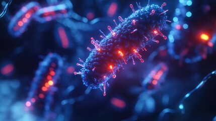 A hyper-realistic close-up of a microorganism with nanobots attached, both glowing in harmony as they work together in a sterile environment.