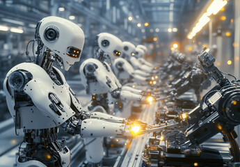 Industrial robot assembly line manufacturing parts, robotics instructor leading training course, precision engineering site.