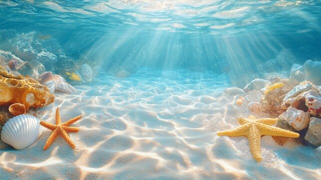 underwater view of a beach with bright blue water, soft white sand, colorful seashells, and starfish surrounded by lush coral reefs