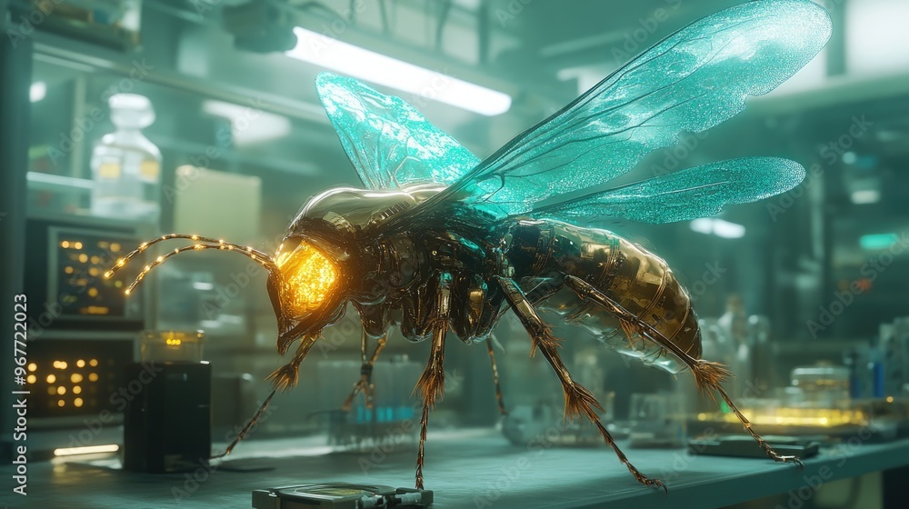 Poster a hyper-realistic rendering of a genetically enhanced insect with glowing wings and metallic exoskel