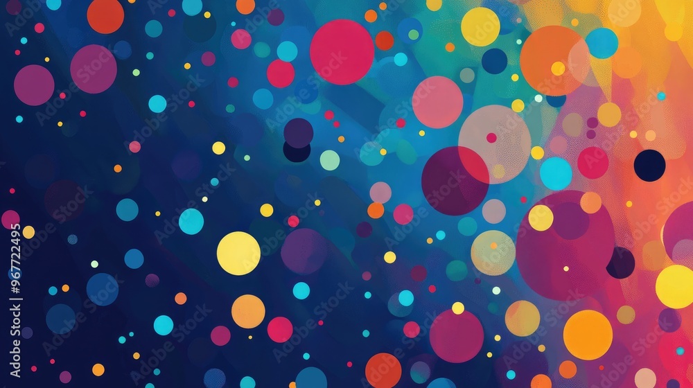 Poster a playful, colorful background with scattered circles of various sizes and dotted lines creating mov