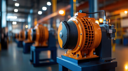 Close-up of large industrial motors in a factory, showing precision machinery and manufacturing equipment in a production line.