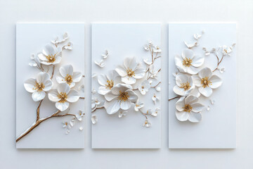 Oil paintings artwork, floral spring scenics triptych, blooming sakura branch