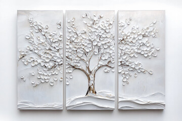 Oil paintings artwork, floral spring scenics triptych, blooming sakura