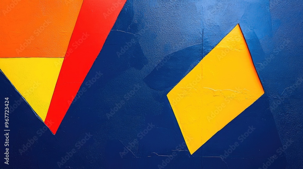 Poster abstract composition with a blue background and bold, angular orange and yellow shapes creating a st