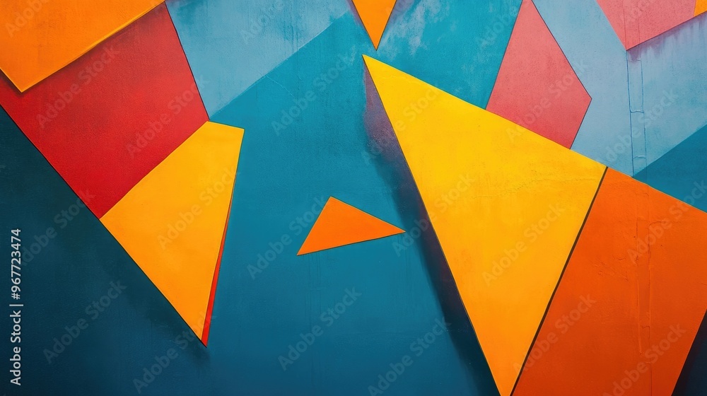 Poster abstract composition with a blue background and bold, angular orange and yellow shapes creating a st