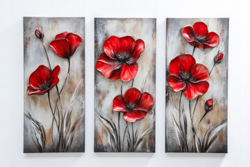 Oil paintings artwork, floral spring summer triptych, blooming poppy flowers