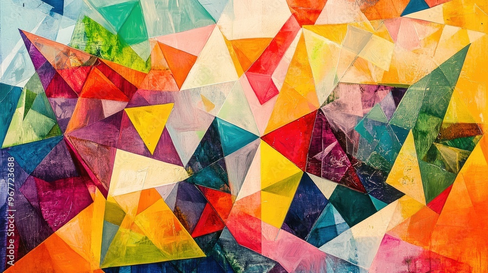 Poster an abstract design with fragmented triangles in bright colors, scattered randomly across the canvas.