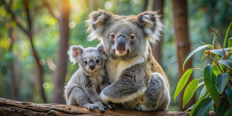 Koala and joey in eucalyptus forest setting, Koala, joey, Australian wildlife, nature