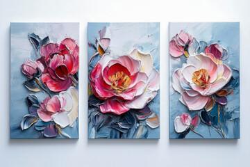 Oil paintings artwork, floral spring summer triptych, blooming pink roses