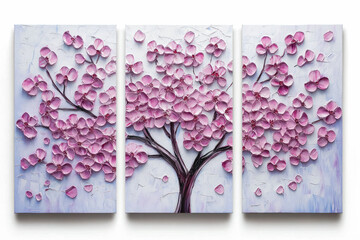 Oil paintings artwork, floral spring scenics triptych, blooming sakura