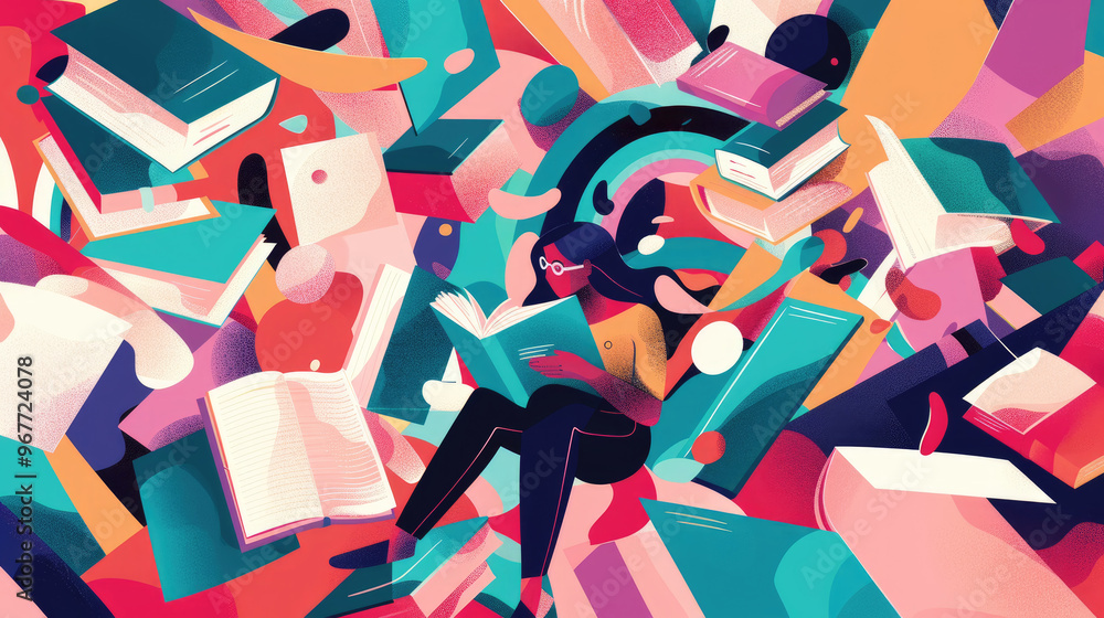 Poster a person engrossed in reading is surrounded by an explosion of colorful books and abstract art eleme