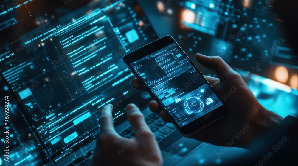 Aufkleber cybersecurity is strengthened as a user manages a mobile phone and laptop equipped with data protect