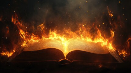 Fototapeta premium Fiery light from an open book, with flames curling upwards in a dark, atmospheric setting.