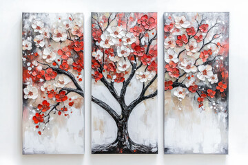 Oil paintings artwork, floral spring scenics triptych, blooming sakura