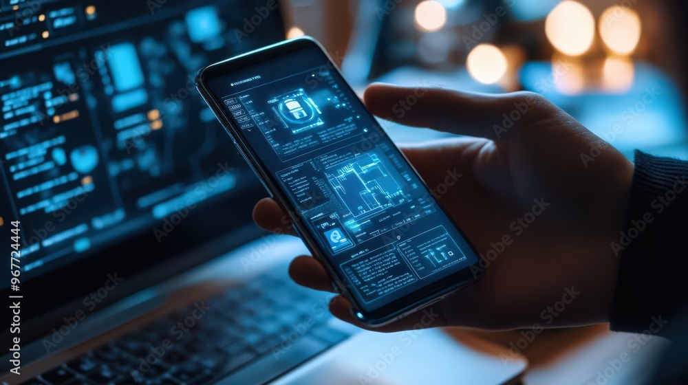Poster cybersecurity measures are enhanced as a user utilizes a mobile phone and laptop with top-tier data 