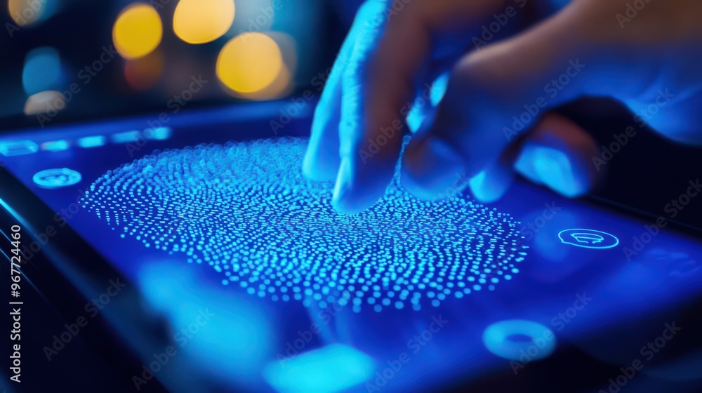 Poster cybersecurity networks are bolstered by biometric security systems on digital tablets, offering enha
