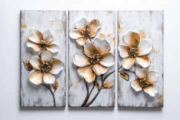Oil paintings artwork, floral spring scenics triptych, blooming sakura branch