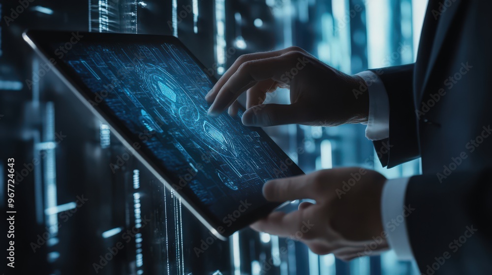 Poster cybersecurity networks are crucial for protecting data, demonstrated by a businessman using a digita