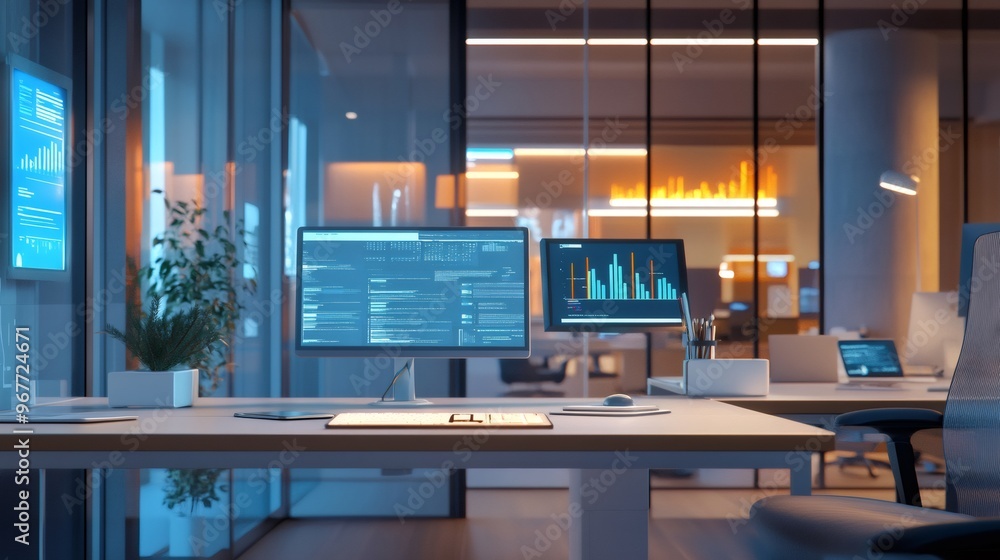 Poster a modern office desk at night with two computer screens displaying charts and data.
