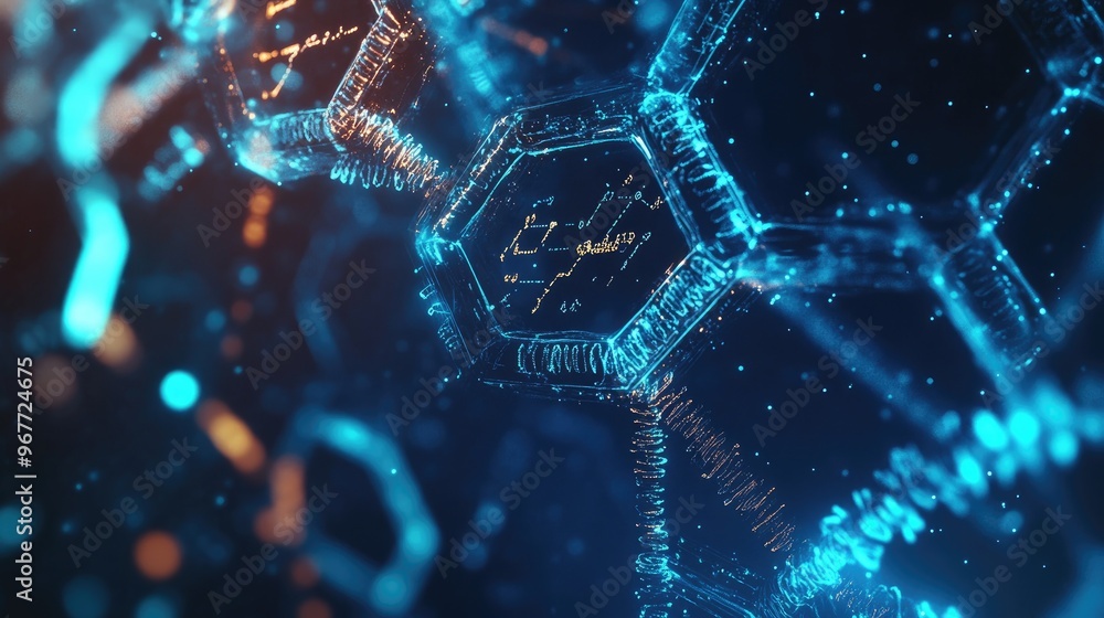 Aufkleber digital representation of hexagonal shapes interspersed with genetic sequences and molecular diagram