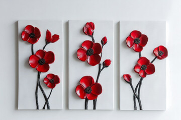 Oil paintings artwork, floral spring summer triptych, blooming poppy flowers